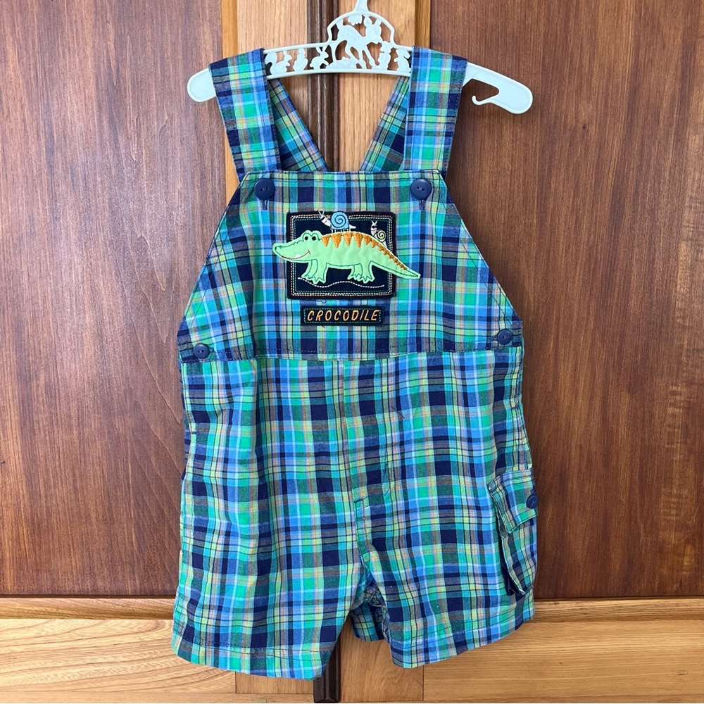 Baby Boy Green Blue Plaid Crocodile Appliqué Embroiderd Snail Short Overalls 12M